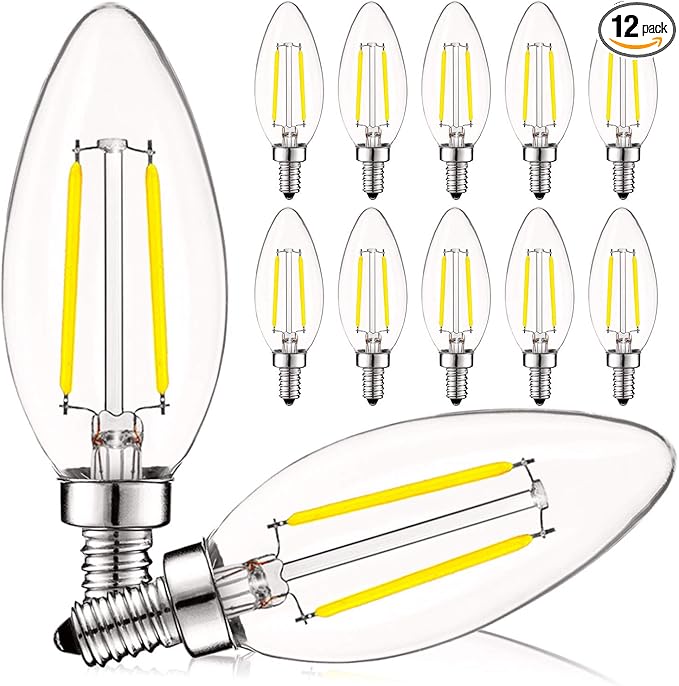 LUXRITE 4W Vintage Candelabra LED Bulbs Dimmable, 400 Lumens, 5000K Bright White, LED Chandelier Light Bulbs 40W Equivalent, Clear Glass, Filament Candle Bulb, UL Listed, E12 Base (12 Pack) - Bloomnest