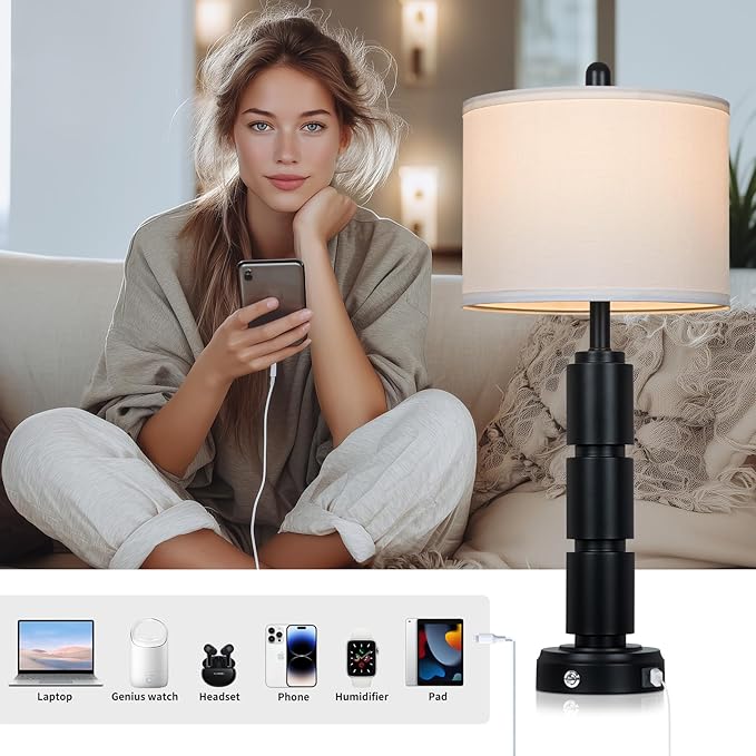 Set of 2 Modern Table Lamps for Living Room Bedroom,29" Tall Bedside Lamp with 2 USB Port,Black Metal Touch Nightstand Lamp for Desk End Side Table Entryway,Black - Bloomnest