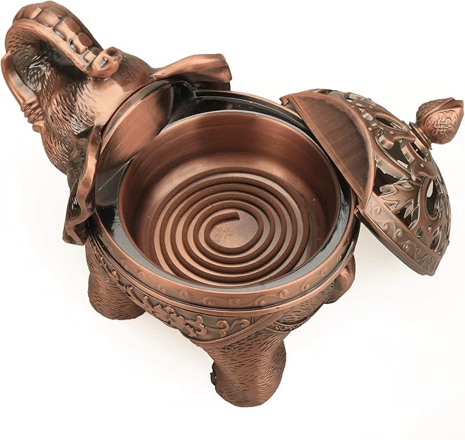 K COOL Alloy Incense Holder Stand Elephant Cone Coil Incense Burner Ash Catcher with Lid, Aromatherapy Ornament Home Decoration for Indoor Outdoor (Red Copper) - Bloomnest