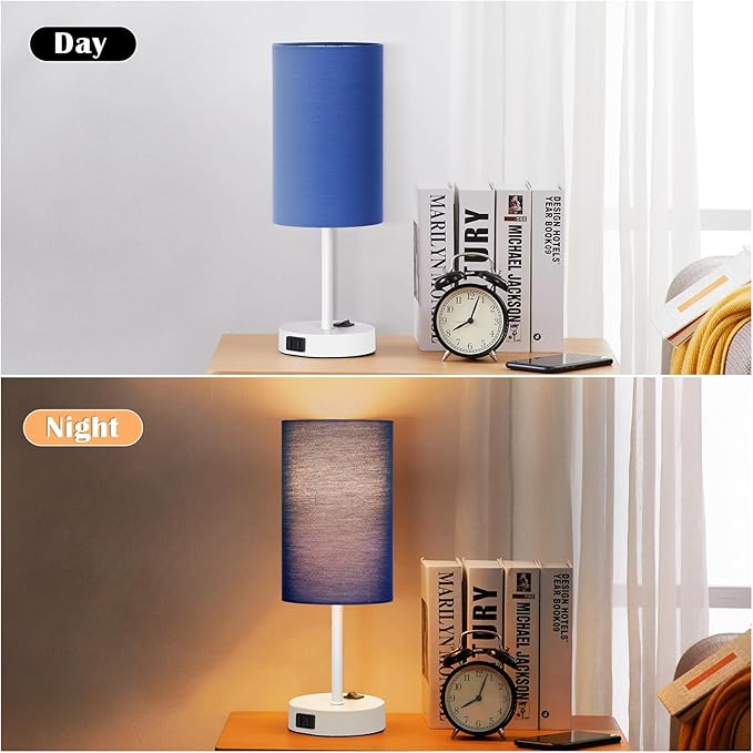 ZJOJO Table Lamp for Bedroom Set of 2, Bedside Small Lamps with 3 Way Dimmable Rocker Switch and AC Outlet, Nightstand Desk Lamp with Blue Fabric Shade White Base for Living Room Home Decor Lights - Bloomnest