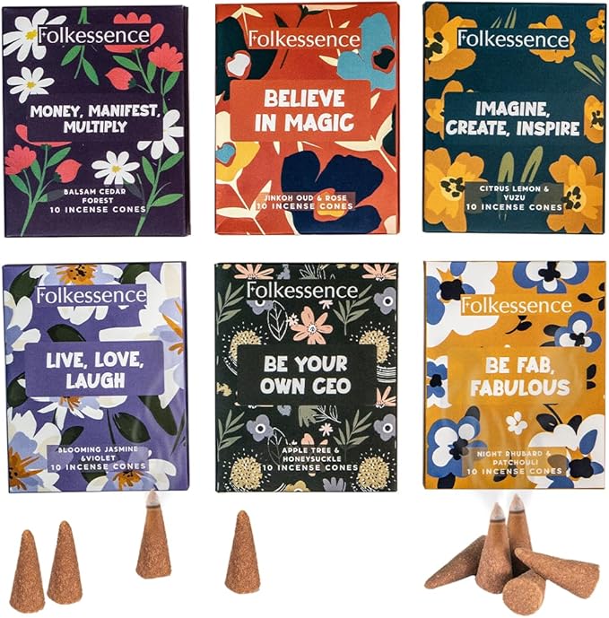 Folkulture Incense Cones (60 Cones) | Set of 6 Premium Fresh Fragrance Insence Cones for Yoga, Meditation, Gifts | No Charcoal, Organic, Non Toxic, Rose & Yuzu Inscents-Cones FOLKULTURE