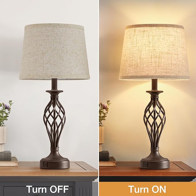 Table Lamp for Bedroom Set of 2 with USB C+A Ports - Modern Brown Bedside Lamps with Spiral Cage Base Fabric Shade - Nightstand Lamp for Living Room Reading Bed Side End Table 2 LED Bulbs Included - Bloomnest