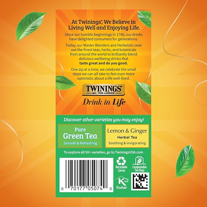 Twinings Green Tea with Jasmine Individually Wrapped Bags, 20 Count (Pack of 6), Fragrant Floral Scent, Caffeinated, Enjoy Hot or Iced, 120 Teabags - Bloomnest