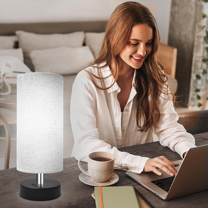 Small Lamp for Bedroom, Bedside Lamps for Night Stands, Mini Minimalist Table Lamp with Round Flaxen Fabric Shade, 11 Inch Desk Reading Lamp for Dorm Room Living Room Office Room, 1 Pack - Bloomnest