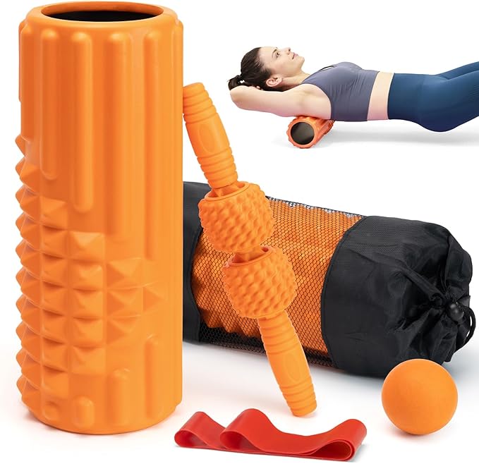 5 in 1 Foam Roller Set, High Density Fitness Exercise Foam Roller for Deep Tissue Muscle Massage, Massage Roller, Massage Ball, Resistance Band, for Whole Body(Orange)