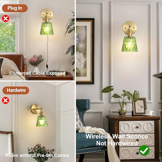 2 Pack Vintage Battery Operated Wall Sconces with Green Glass Shade, Wireless Rechargeable RGB Wall Light, Remote Control & 180 Degree Adjustable, for Bedroom Living Room Hallway Aisle - Bloomnest