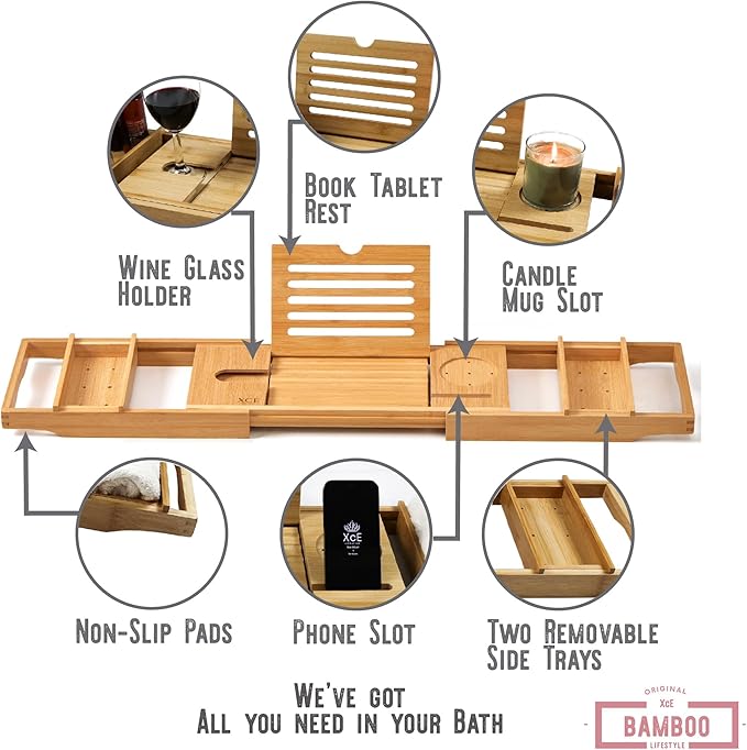 XcE Bamboo Bathtub Caddy Tray - Expandable to 41 Inches with Book Stand, Soap Holder & Anti-Slip Pads for Luxury Bath Spa, Natural - Bloomnest