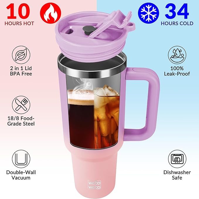 WETOWETO 40oz Tumbler with Handle | Insulated Stainless Steel Travel Mug | 34Hrs Cold & 10Hrs Hot Retention | 100% Leakproof Lid & Straw | Dishwasher Safe + Car Cup Holder Fit (Purple-Pink Gradient) - Bloomnest