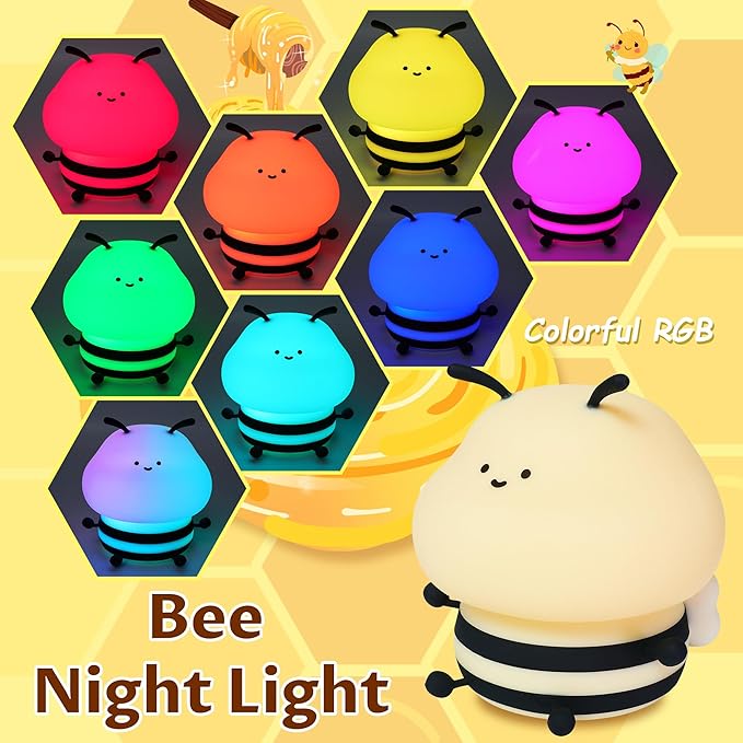 YuanDian Cute Bee Night Light for Kids, Nursery Night Lamp Kawaii Animal Bedside Nightlight with 7 Colors 3 Levels Dimmable Tap Control Rechargeable Nightlights - Bloomnest