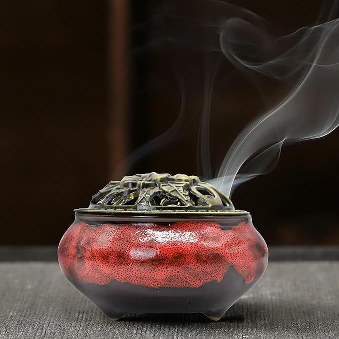 MrMrKura Ceramic Incense Burner with Lid, Incense Holder for Sticks Incense Cone Holder with Brass Incense Stick Holder for Yoga Meditation Home Decor (Fambe Red) - Bloomnest