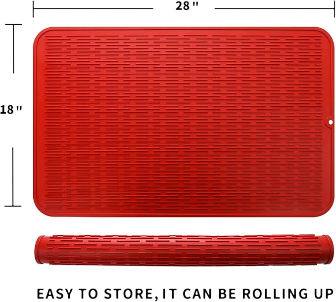 Silicone Dish Drying Mat for Multiple Usage,Easy clean,Eco-friendly,Heat-resistant Silicone Mat for Kitchen Counter or Sink,Refrigerator or Drawer Liner Red 3XL 28 inches x 18 inches - Bloomnest