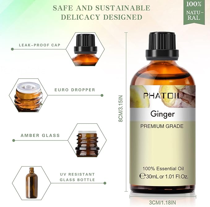 Ginger Essential Oil, 1.01Fl.Oz (30ML) PHATOIL Pure Essential Oil Singles for Aromatherapy Diffusers, Humidifiers, Great for DIY Candle and Soap Making, Gift for Friend PHATOIL