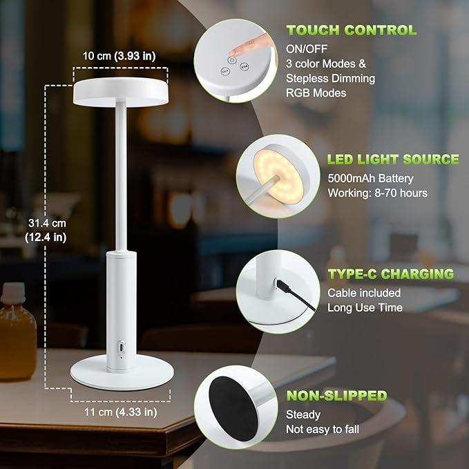 Cordless Table Lamp,Portable Rechargeable Battery Desk lamp,3 CCT & 7 RGB Color Changing Dimmable Bedside Lamp,Touch Control Ambient Light for Bedroom/Dining Room/Restaurant/Cafe(White) - Bloomnest