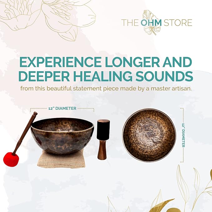 Large Tibetan Singing Bowl Set by Ohm Store — Jupiter Pure Bronze Meditation Sound Bowl 12 Inches, 2 Mallets and a Cushion — Sound Bath Instrument to Enhance Yoga, Prayer, Chakra Healing, and Mindset - Bloomnest