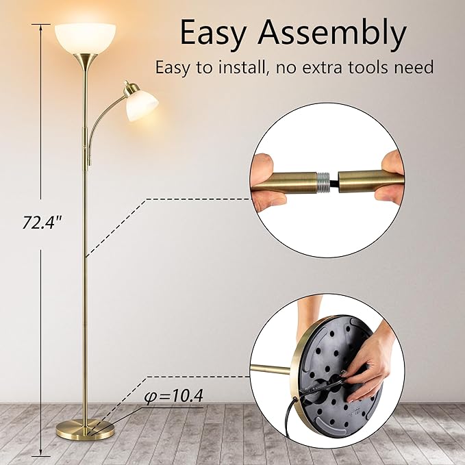 Floor Lamp, Dimmable Standing lamp, Stepless Dimming Brightness, Included 9W and 5W LED Bulbs, Industrial Floor Lamp for Living Room, Bedroom, Office, Reading - Bloomnest