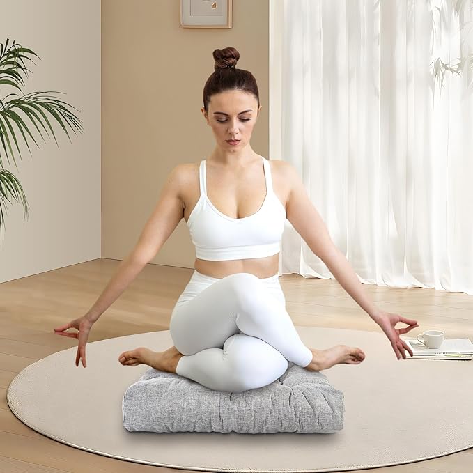 Meditation Floor Cushions, Thickened Floor Pillow for Adults, Large Square Pillows Seat Cushion for Tatami Living Room Yoga, Memory Sponge Block Added, 22x22 Inch, Grey