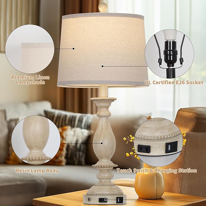 28" Tall Farmhouse Table Lamps for Living Room Set of 2,Vintage Rustic Beige Bedside Touch Lamp with USB C+A Ports & AC Outlet, 3-Way Dimmable Resin Nightstand Lamp for Bedroom Entryway Office - Bloomnest