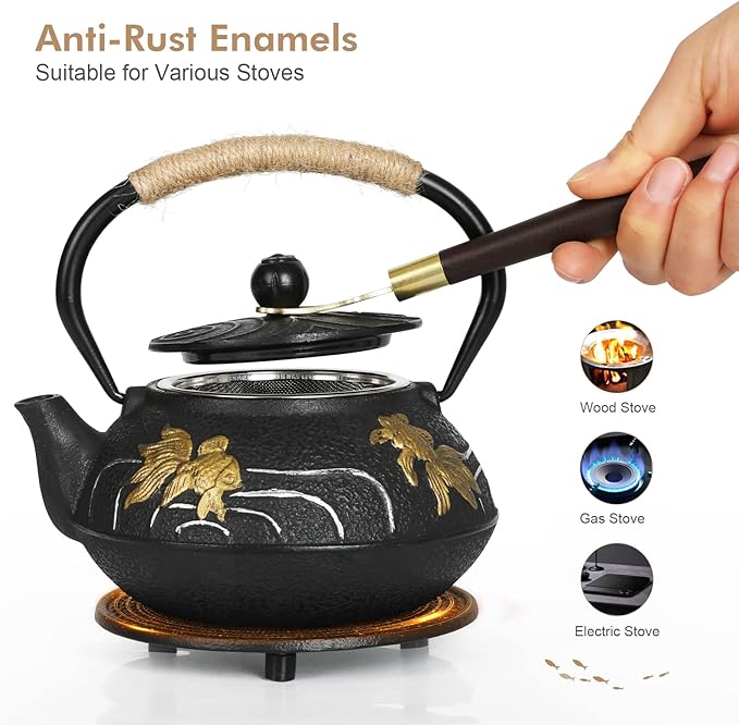 RekRang Hand-Painted Goldfish Cast Iron Teapot Set,Japanese Cast Iron Tea Kettle Set with Removeable Infuser and 4 Stainless Steel Cups,Traditional Tetsubin Tea Pot Sets for Stovetop 750ml/26oz - Bloomnest