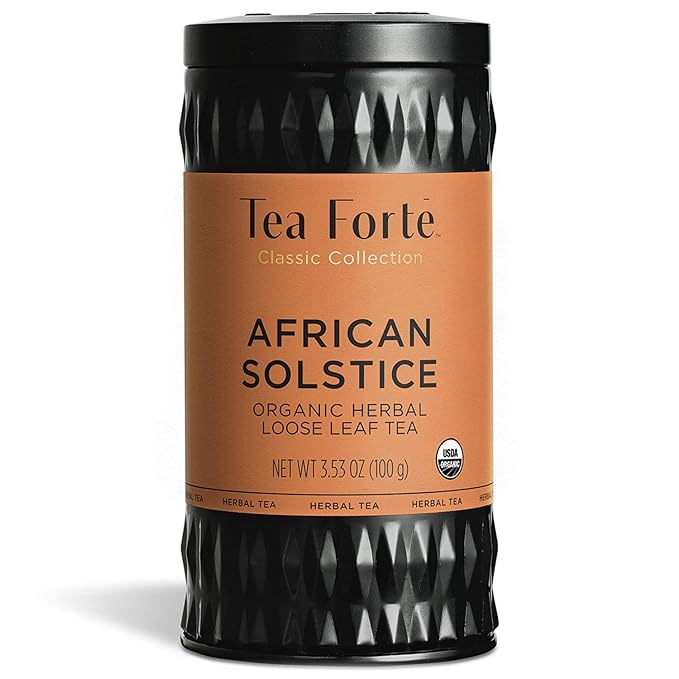 Tea Forte African Solstice Premium Loose Leaf Caffeine-Free Herbal Tea Blend Canister, Makes 35-50 Cups, Round Canister - Bloomnest