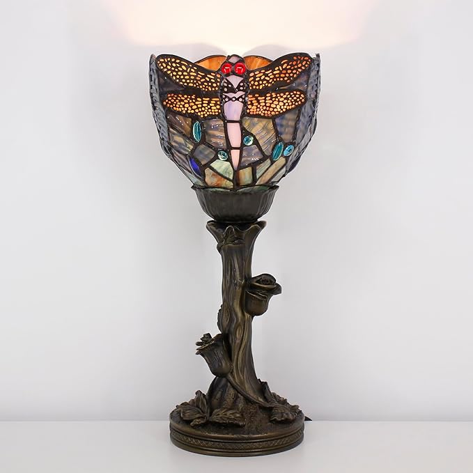 Small Tiffany Lamp Mini Stained Glass Table Lamp Blue Dragonfly Accent Desk Uplight W6 H13.5 Inch Bronze Resin Base - Bloomnest