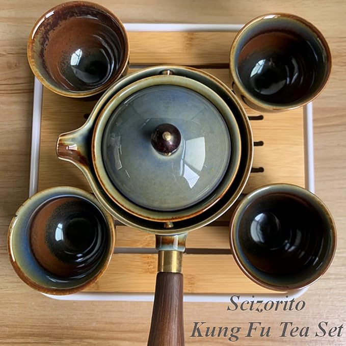 Ceramic Portable Travel Tea Set, Chinese Kungfu Tea Set with 360 Rotation Teapot and Infuser, 4 Tea Cups, Tea Tray And Travel Bag (Kiln Variant)