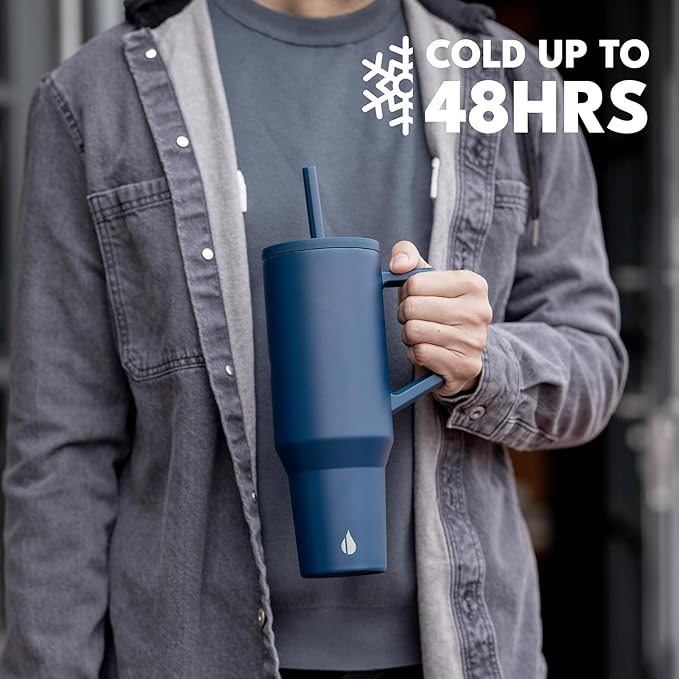 Elemental 40 oz Tumbler with Handle and Straw - Spill Proof Insulated Stainless Steel Commuter for Hot and Cold Beverages - Travel Coffee Mug with 2 Straws & Spill Proof Lid - 40oz - Navy Blue - Bloomnest