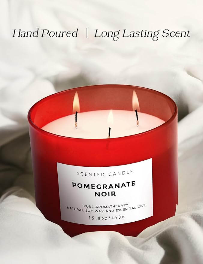 Pomegranate Noir Vanilla 3 Wick Candle | Highly Scented Natural Soy Candle 15.8 oz | Aromatherapy Stress Relief Candle Long Lasting & Clean Burn | Luxury Relaxing Gift for Home, Women & Men - Bloomnest
