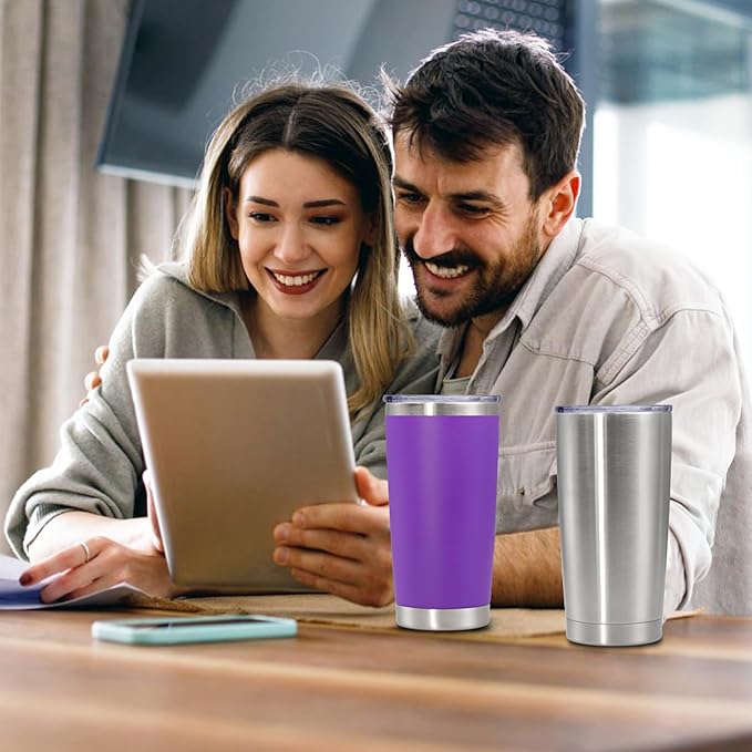 20 oz Tumbler with lid Double Wall Vacuum Insulated Tumblers Stainless Steel Coffee Mug Travel Coffee Tumbler Powder Coated Tumbler Cup Keep Hot&Cold - (PurPle 6 Pack)