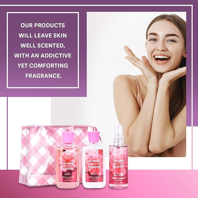 Bath & Body Care Travel Set - Home Spa Set with Body Lotion, Shower Gel and Fragrance Mist, Personal Body Care Travel Set for Birthday Christmas New Year Gifts(Japanese Cherry Blossom) - Bloomnest