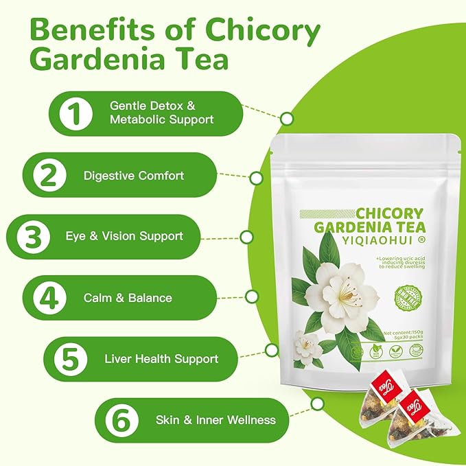 Organic Chicory Gardenia Tea for Blood Sugar Support & Healthy Digestion | 30 Bags of Herbal Tea| 10-Ingredient Blend with Chicory, Gardenia, Dandelion, Goji & Chrysanthemum | Supports Liver & Eye Health | Sugar Free, Caffeine Free, Vegan - Bloomnest