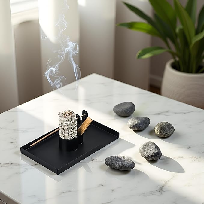 Large Incense Holder, 8.6" Length Sage Holder for Burning, Palo Santo Holder for Incense Sticks, Sage Bundle, Smudge Stick, Metal Ash Catcher Tray for Meditation Yoga Room Decor (Black) - Bloomnest