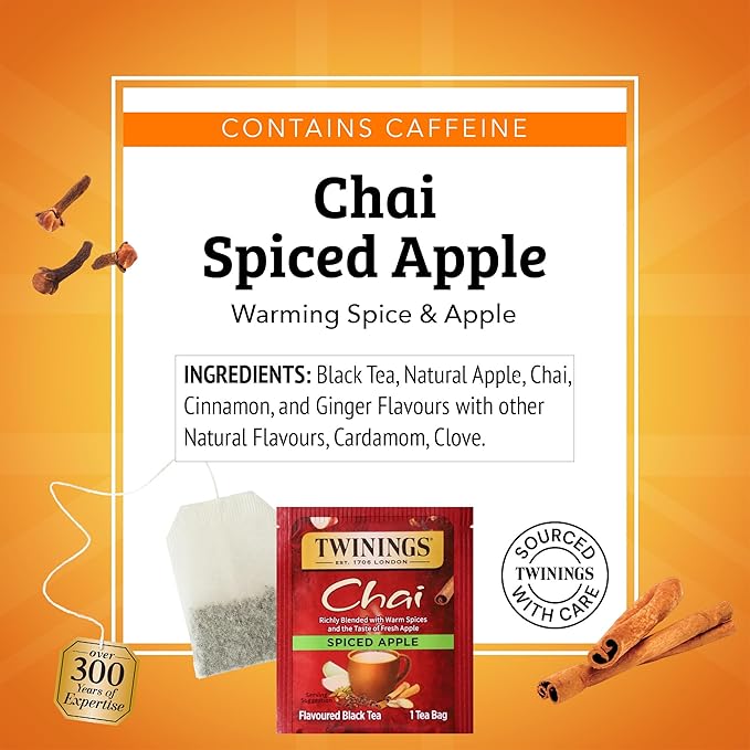 Twinings Spiced Apple Chai Black Tea Individually Wrapped Bags, 20 Count (Pack of 1), Sweet, Savoury Spices, Caffeinated, Enjoy Hot or Iced, 20 Teabags - Bloomnest