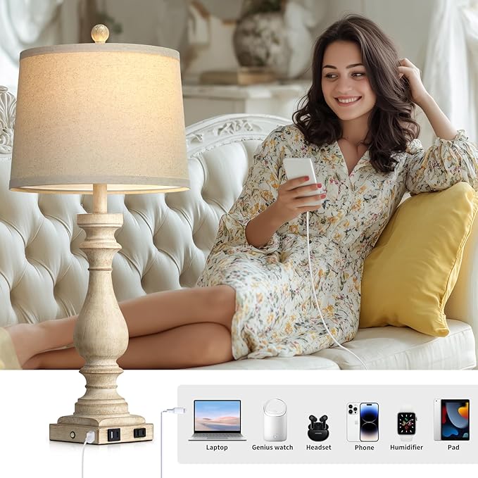 29" Tall Vintage Table Lamps Set of 2,Farmhouse Bedside Lamps with USB C+A Ports & AC Outlet,3-Way Dimmable Touch Lamp for Night Stands Living Room Bedroom,Beige - Bloomnest