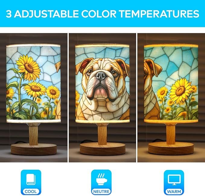 Bulldog Table Lamp LED 3-Color Pressed Bedside, Dog Shade Lamp with Wood Base for Bedroom Living Room Desk Office - Bloomnest