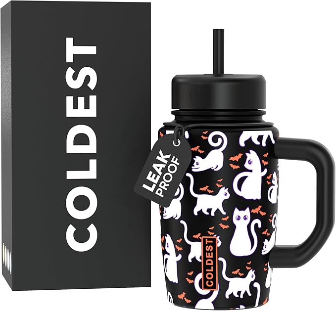 Coldest Tumbler with Handle & Coffee Lid - 100% Spill Proof Tumbler (3 Lids) - Stainless Steel Insulated Leakproof Tumblers for Women & Men - Cup Holder Friendly - 15 oz (Bats and Cats) - Bloomnest