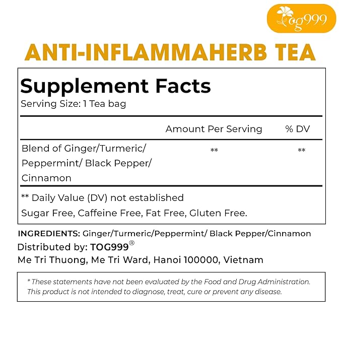 20 Tea Bags - Anti-Inflammaherb Loose Leaf Tea, 100% Natural from Ginger, Turmeric, Peppermint, Black Pepper, Cinnamon. No Sugar, No Caffeine, No Gluten, Vegan - Bloomnest