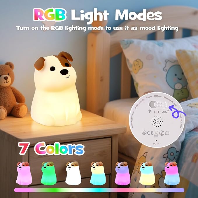 Squishy Puppy Night Light with RGB Mode 3 Brightness Adjustable Nursery Breastfeeding Nightlight Cute Novelty Smile Dog Animal Lamp Rechargeable Silicone Touch Bedside Lamp for Bedroom Dorm Decor - Bloomnest