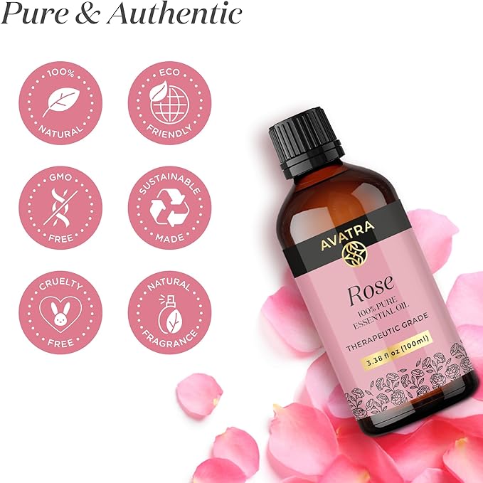 Avatra Rose Essential Oil 100ML (3.38 OZ) with Glass Dropper and Travel Bottle, Pure and Natural Therapeutic Grade Lavender Oil for Diffuser, Aromatherapy, Massage, and DIY Candle Products - Bloomnest