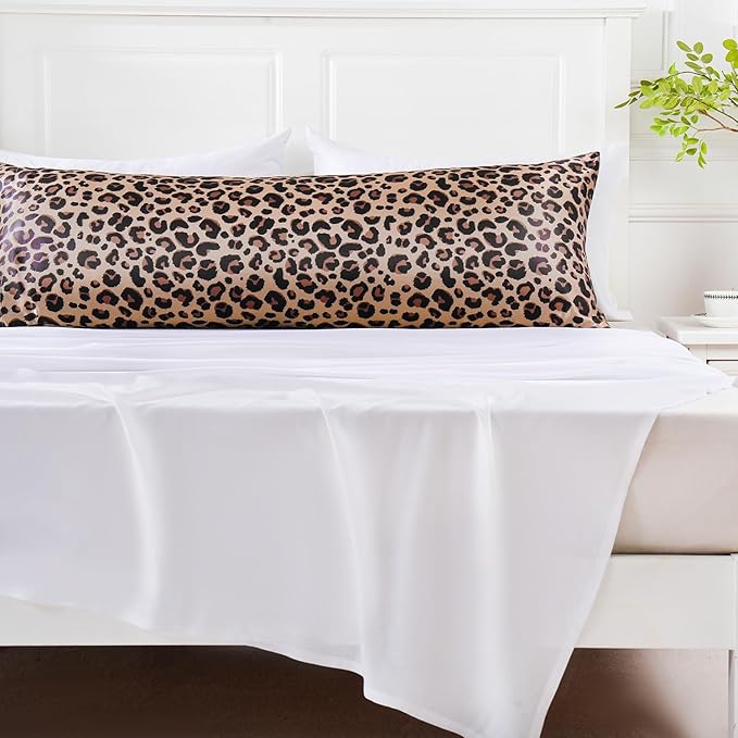MR&HM Satin Body Pillow Cover, Soft and Breathable Body Pillow Case with Envelope Closure, Cooling and Silky Long Pillowcase for Hair and Skin,Grey (20x54, Brown Leopard) - Bloomnest