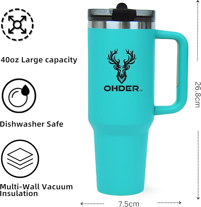 40 oz Tumbler with Handle and Straw | Vacuum Insulated Double Wall Stainless Steel Travel Mug | Leakproof, Hot and Cold | Cup Holder Friendly Base (Teal) - Bloomnest