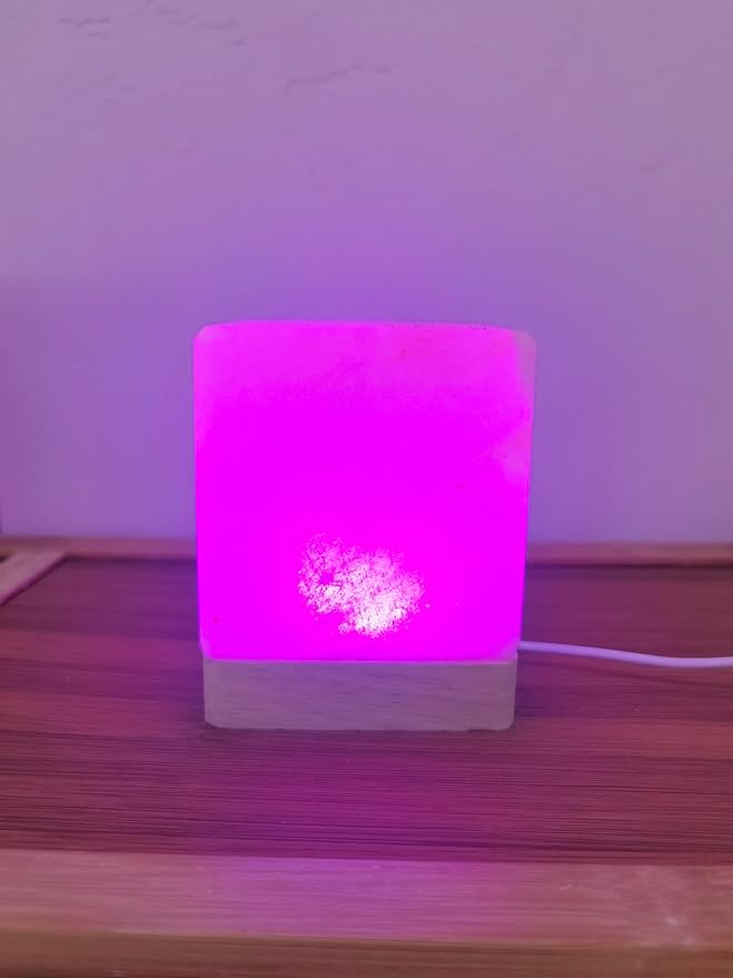 USB Colour Gradient Himalayan Salt lamp, Solid Wood Base Atmosphere Decoration Square Salt lamp with Remote Control, Natural Crystal Stone Bedside Night Light, Handmade Crafts.