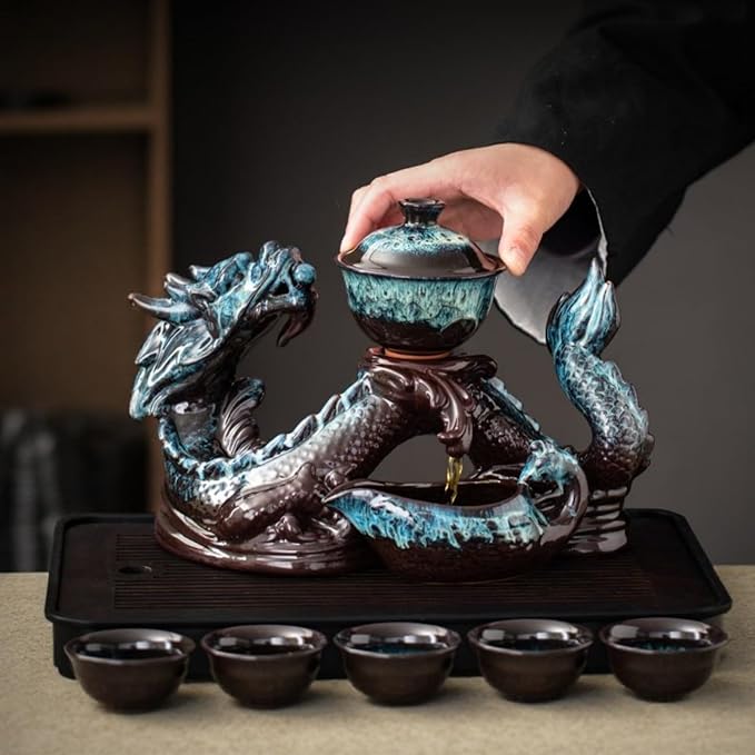 Chinese Gongfu Tea Set - Ceramic Teapot with Infuser, 8 Cups, Semi Automatic Dragon Design for Loose Leaf Tea