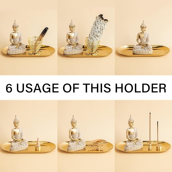 ZenBless 6 in 1 Incense Holder - Palo Santo, Buddha Statue, Sage & Incense Burner Holder for Sticks/Coil/Cones, Gold Oval Ash Catcher - Bloomnest