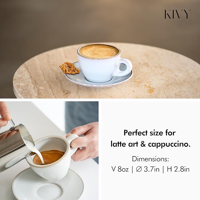KIVY Cappuccino cups set [4x 8oz] - Thick-walled stoneware cappuccino cup set for latte art - Cappuccino coffee cups - Tazas de cafe - Latte cups - Ceramic latte art cup and saucer set of 4 - Bloomnest