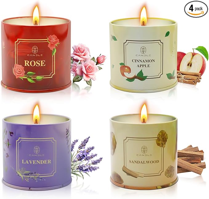 Scented Candles Gift for Women,4 Pack Natural Soy Wax Candles Long Lasting Rose Lavender Sandalwood Apple Cinnamon Fragrance Gift for Mothers Day, Birthday, Thanksgiving Day, Christmas, Valentines Day - Bloomnest