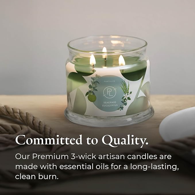 PartyLite Sea Grass Eucalyptus Scented, Notes of Eucalyptus, Lemon, Seagrass & Driftwood, 13.2oz 3-Wick Jar Candle, 45 Hour Burn Time, Luxurious Fragrance, Ideal for Gifting - Bloomnest