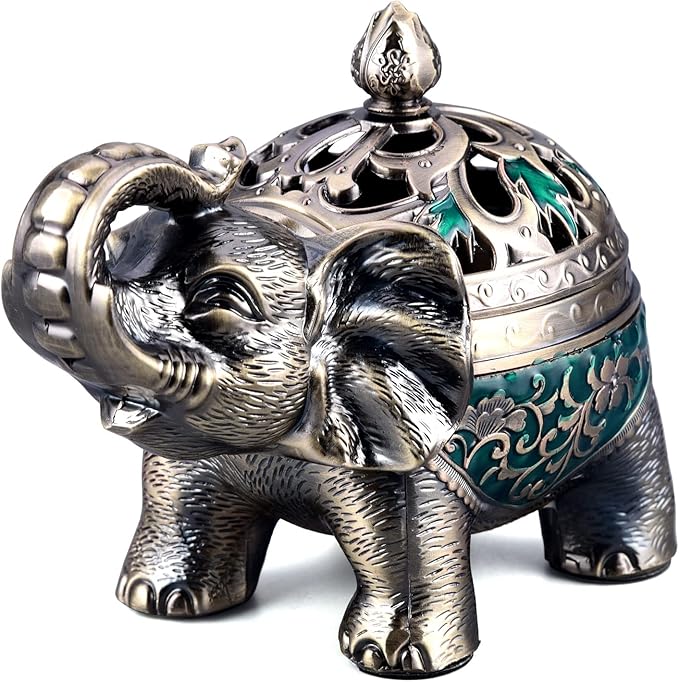 K COOL Metal Backflow Incense Holder Elephant Cone Incense Burner Candle Holder with Lid, Aromatherapy Ornament Home Office Decoration for Indoor Outdoor (Green) - Bloomnest