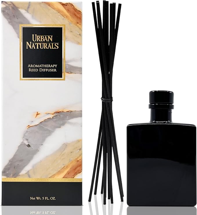 Urban Naturals Smoked Vanilla Reed Diffuser Set with Vanilla Bean, Sandalwood & Leather – 5 Ounce Sleek Black Rectangular Refillable Glass Bottle – Made in the USA UrbanNaturals
