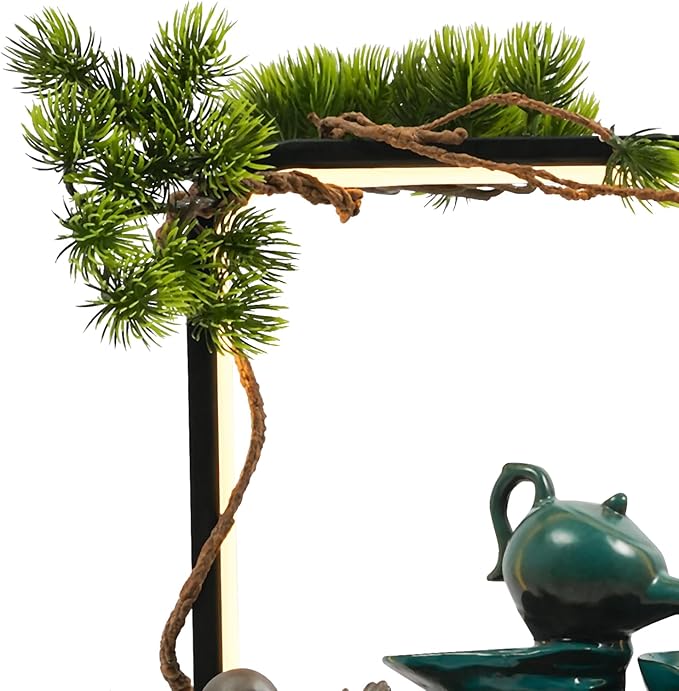 Zen Tabletop Fountain with LED Lights, Handcrafted Ceramic Waterfall Decoration with Fish Tank, Tea Set & Pine Tree for Home/Office, Relaxing Gift for Stress Relief & Good Fortune
