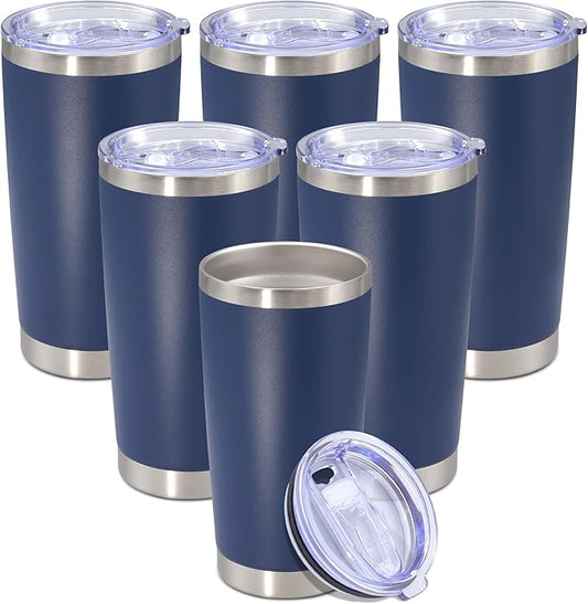 20 oz Tumbler with lid Double Wall Vacuum Insulated Tumblers Stainless Steel Coffee Mug Travel Coffee Tumbler Powder Coated Tumbler Cup Keep Hot&Cold - (Navy 6 Pack)